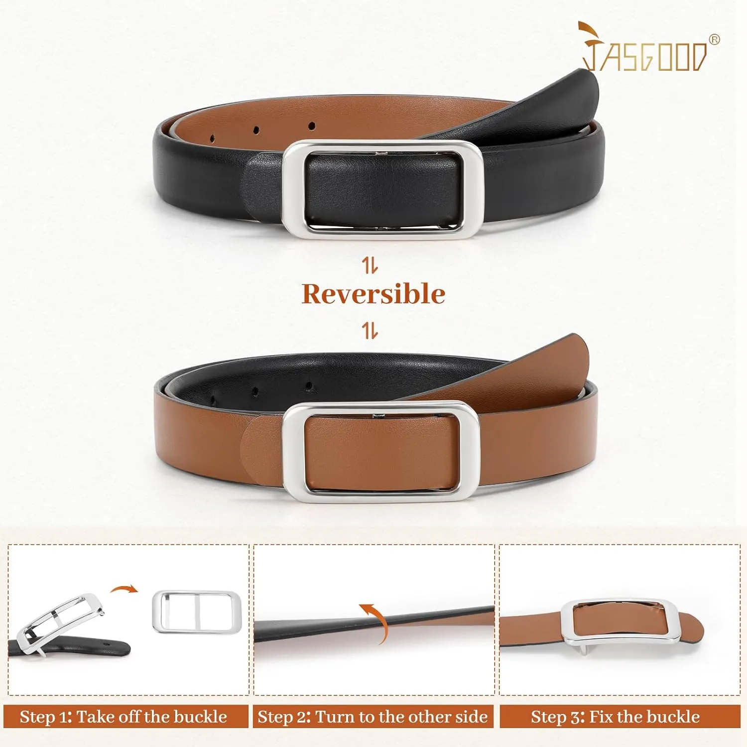 JASGOOD Women Reversible Leather Belt for Pants Jeans Ladies Waist Belt for Dresses