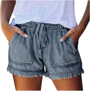 Jean Shorts for Women Casual Loose Fit Drawstring Elastic High Waisted Tassels Shorts Fashion Comfort Shorts with Pockets