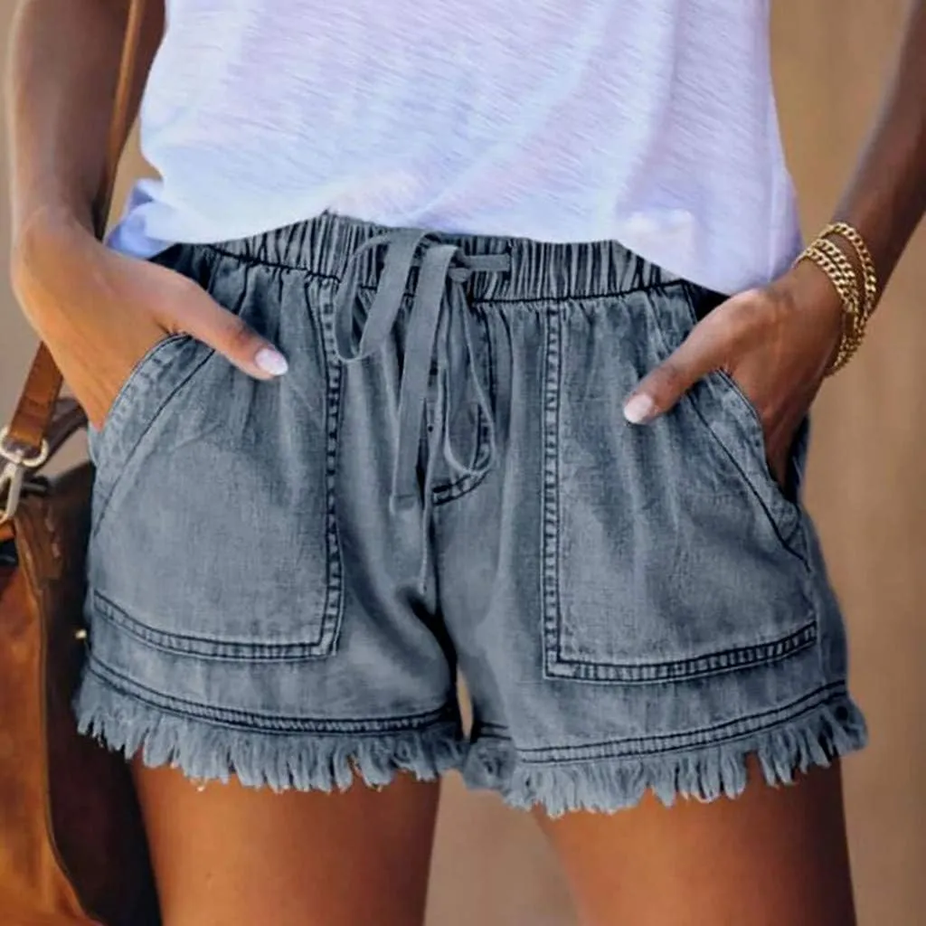Jean Shorts for Women Casual Loose Fit Drawstring Elastic High Waisted Tassels Shorts Fashion Comfort Shorts with Pockets
