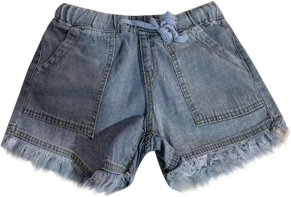 Jean Shorts for Women Casual Loose Fit Drawstring Elastic High Waisted Tassels Shorts Fashion Comfort Shorts with Pockets