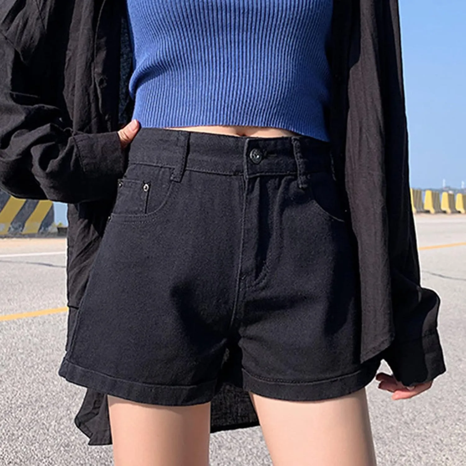 JEKE-DG Womens Ripped Hole Denim Shorts Summer Folded Hem Casual Short Jeans Fashion Distressed High Waisted Shorts