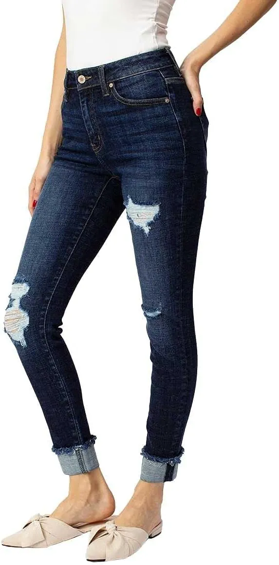 Kancan Women's High Rise Distressed Cuffed Ankle Skinny Jeans - KC7299
