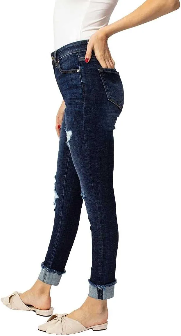 Kancan Women's High Rise Distressed Cuffed Ankle Skinny Jeans - KC7299