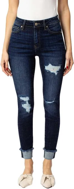 Kancan Women's High Rise Distressed Cuffed Ankle Skinny Jeans - KC7299