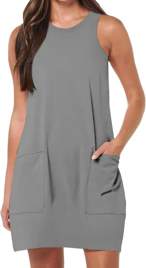 Kubbon Sundress for Women Casual Crewneck Sleeveless Midi Dress Loose Solid Color Tank Dresses with Pocket Vacation Outfits
