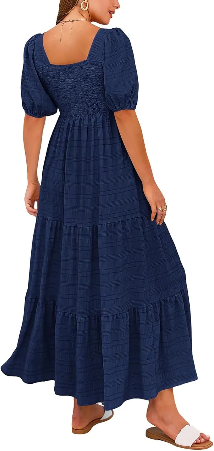 Kubbon Women's Boho Summer Dresses Puff Sleeve Square Neck Maxi Dresses Smocked Elastic Waist Tiered Midi Dress with Pockets