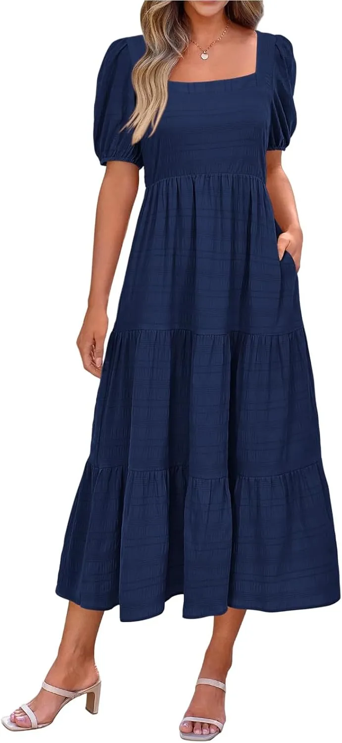 Kubbon Women's Boho Summer Dresses Puff Sleeve Square Neck Maxi Dresses Smocked Elastic Waist Tiered Midi Dress with Pockets