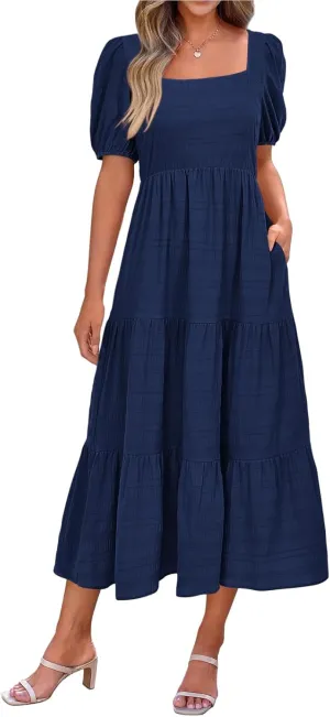 Kubbon Women's Boho Summer Dresses Puff Sleeve Square Neck Maxi Dresses Smocked Elastic Waist Tiered Midi Dress with Pockets
