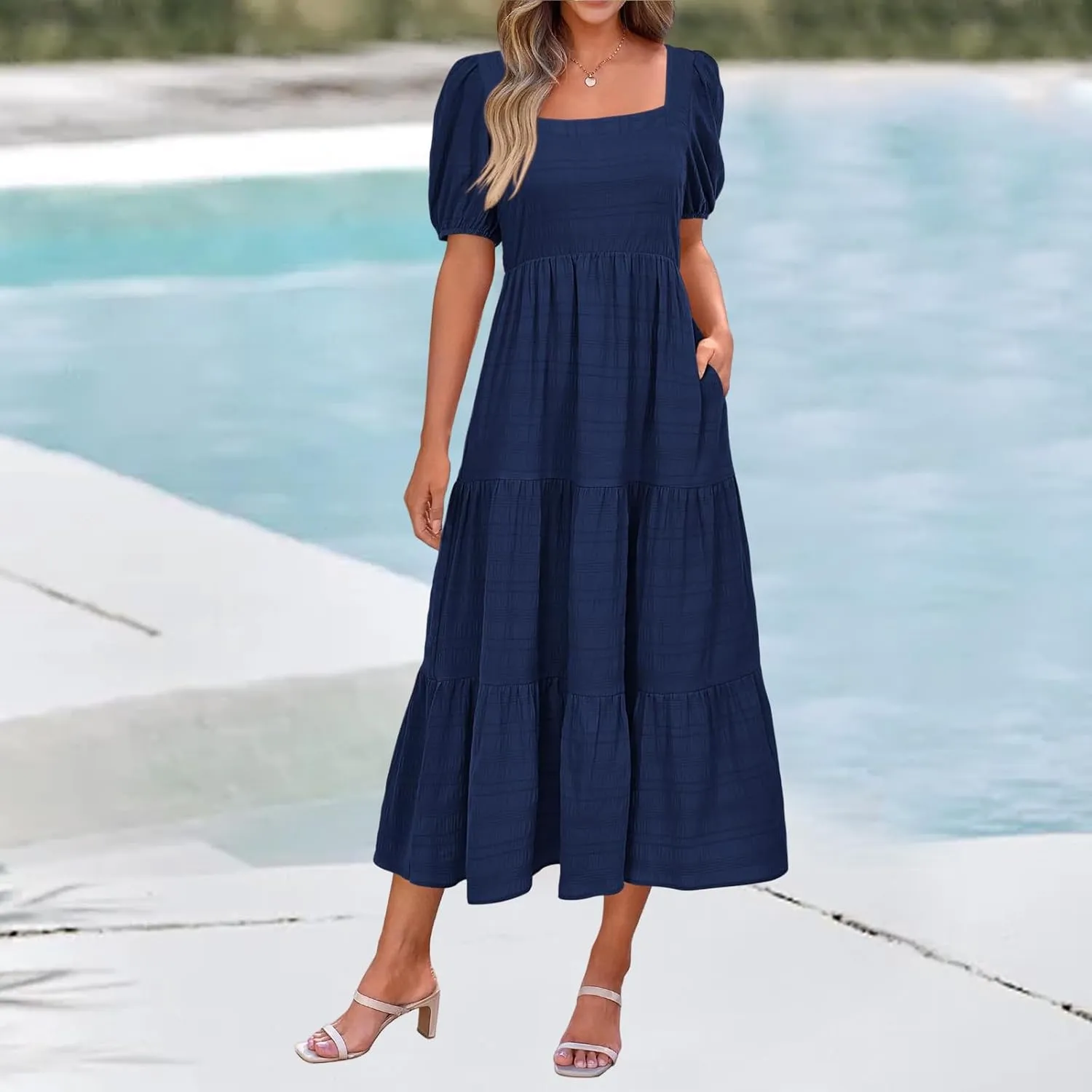 Kubbon Women's Boho Summer Dresses Puff Sleeve Square Neck Maxi Dresses Smocked Elastic Waist Tiered Midi Dress with Pockets