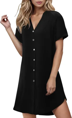 Lady's Casual Button Spring Summer Dress V Neck Solid Color Outwear Slimming Comfortable Trendy Women's Sundress