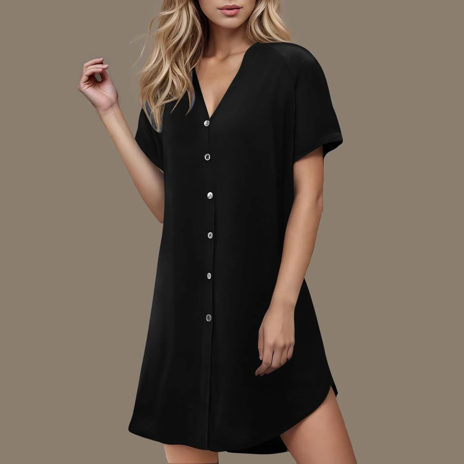 Lady's Casual Button Spring Summer Dress V Neck Solid Color Outwear Slimming Comfortable Trendy Women's Sundress