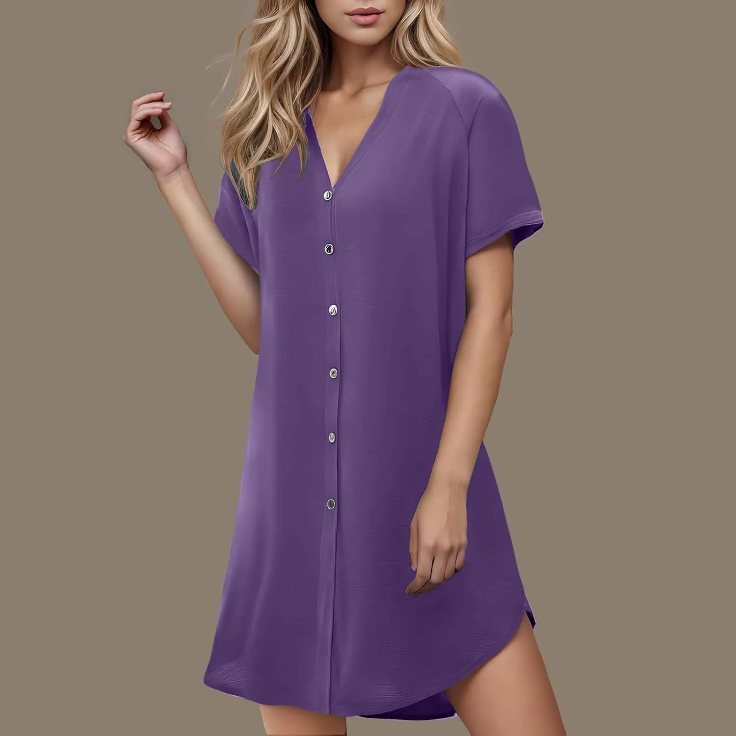 Lady's Casual Button Spring Summer Dress V Neck Solid Color Outwear Slimming Comfortable Trendy Women's Sundress