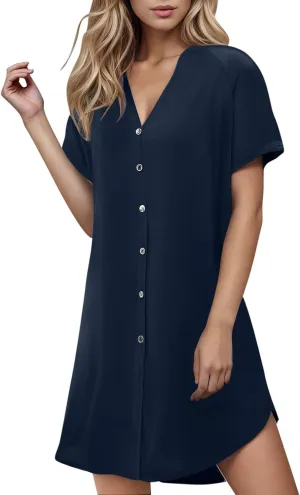 Lady's Casual Button Spring Summer Dress V Neck Solid Color Outwear Slimming Comfortable Trendy Women's Sundress