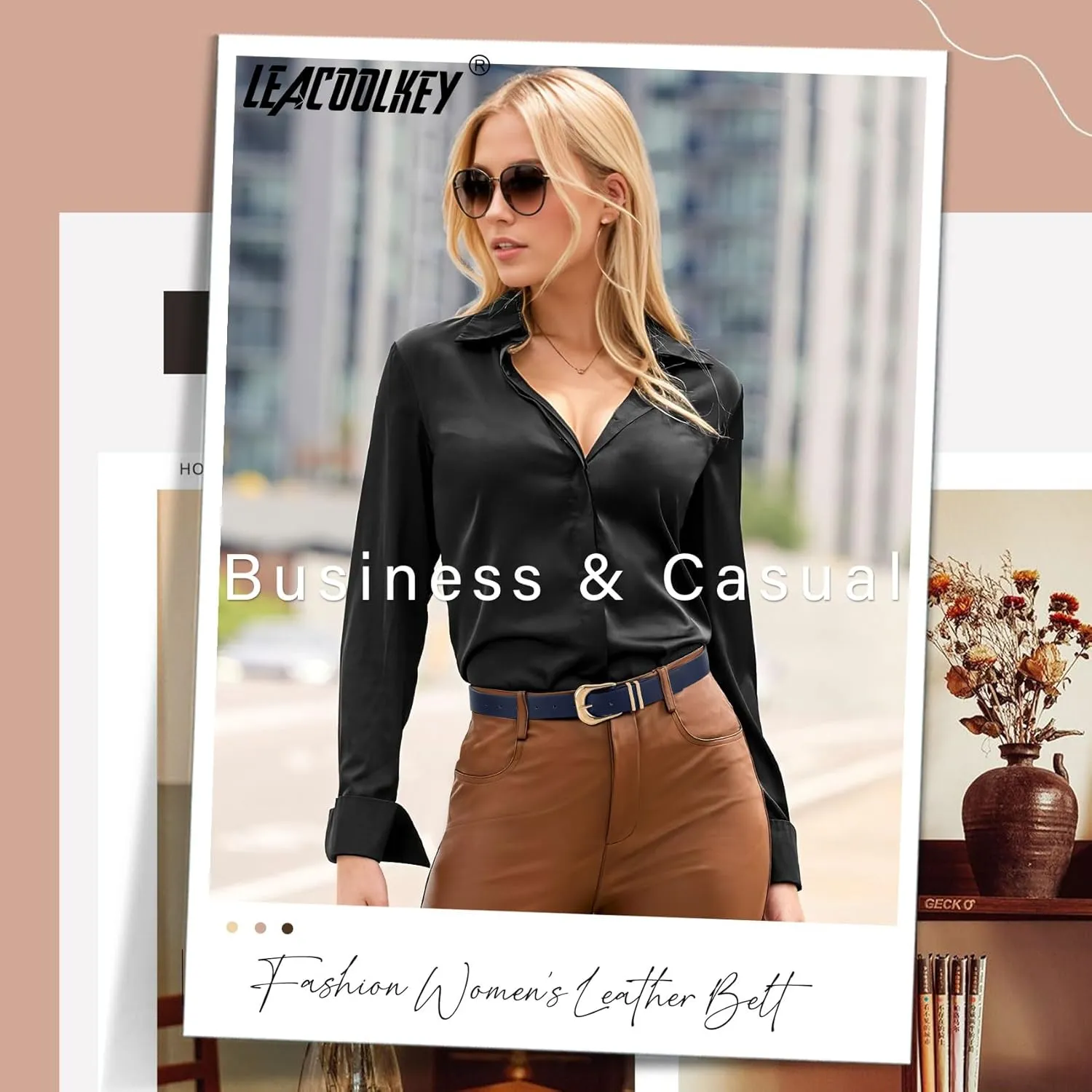 LEACOOLKEY Women's Fashion Leather Belt Ladies Casual Formal Waist Belts for Jeans Dress Pants