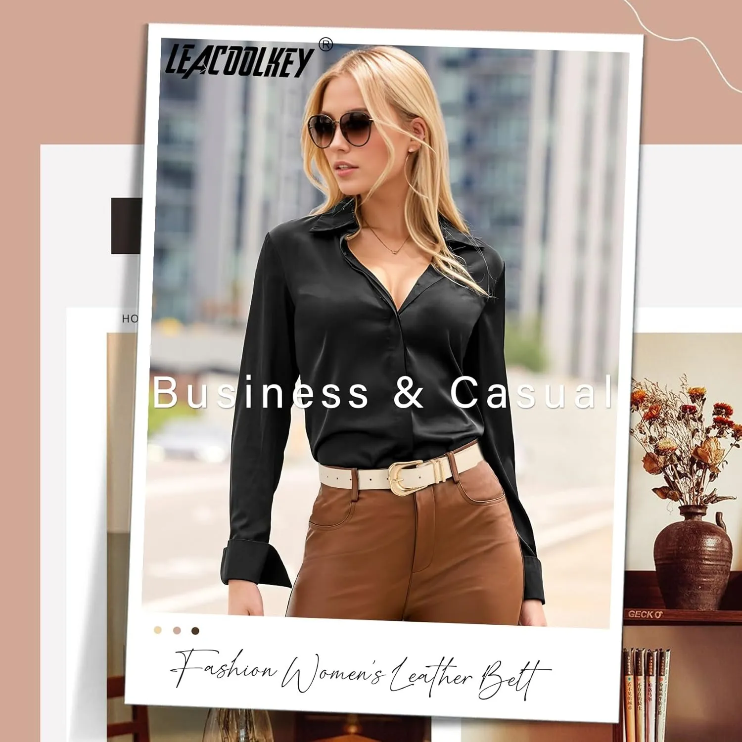 LEACOOLKEY Women's Fashion Leather Belt Ladies Casual Formal Waist Belts for Jeans Dress Pants