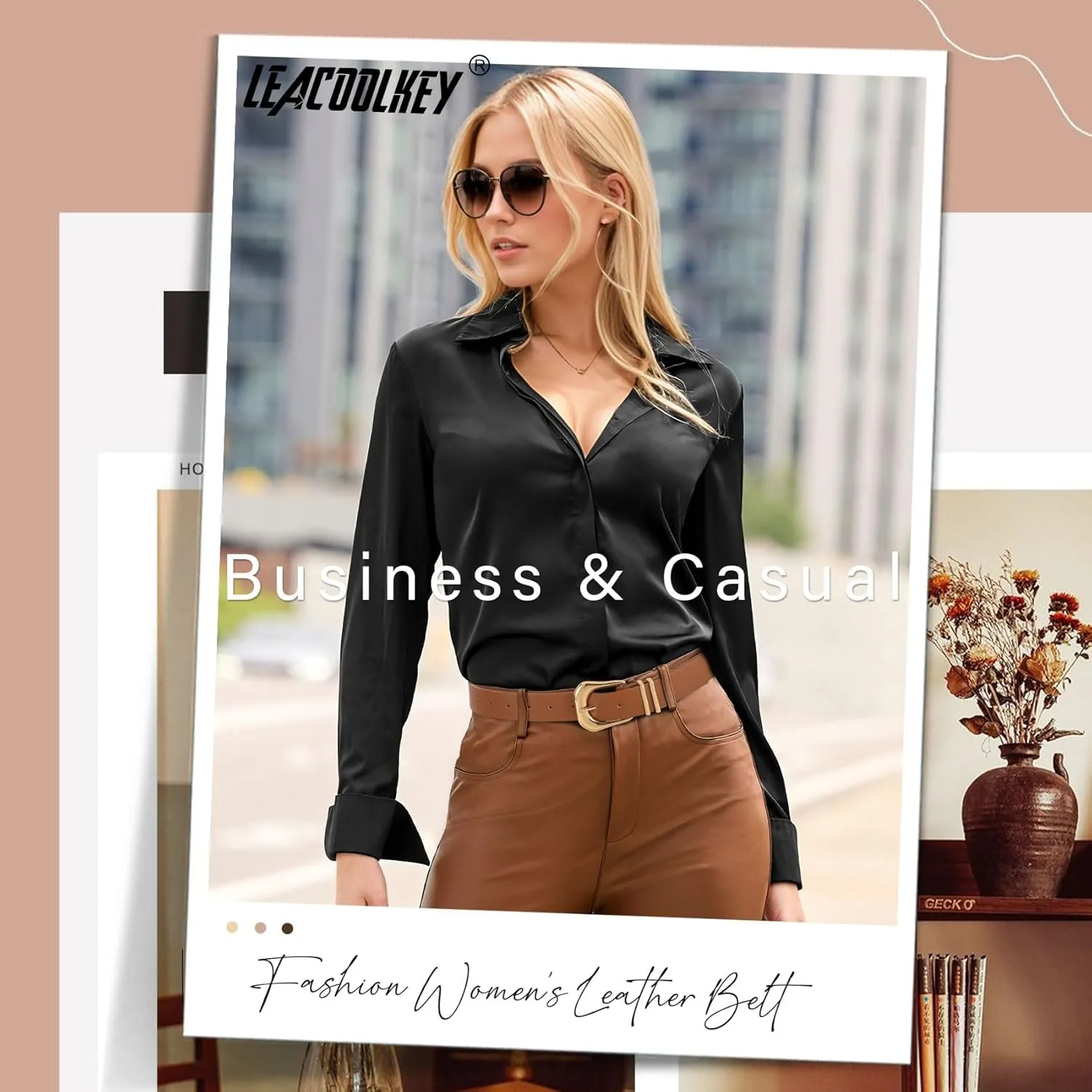 LEACOOLKEY Women's Fashion Leather Belt Ladies Casual Formal Waist Belts for Jeans Dress Pants