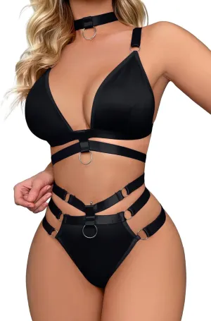 Lilosy Sexy Wireless Choker O Ring Linked Strappy Harness Lingerie Set Outfits 3 Piece