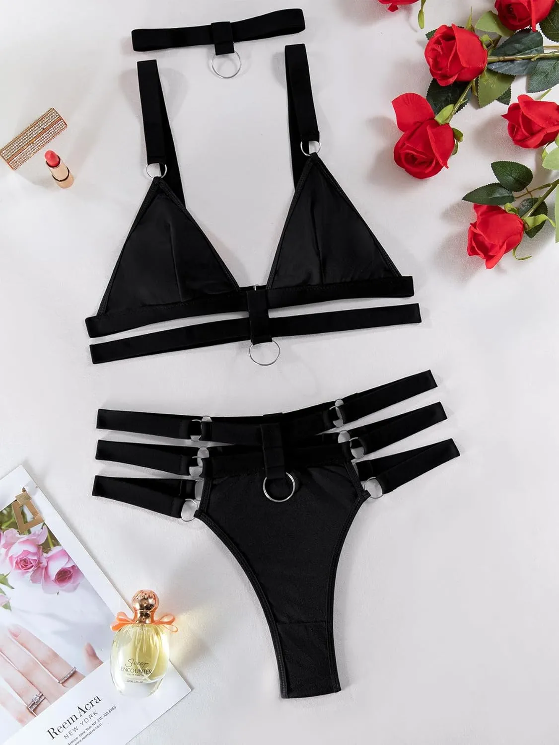 Lilosy Sexy Wireless Choker O Ring Linked Strappy Harness Lingerie Set Outfits 3 Piece