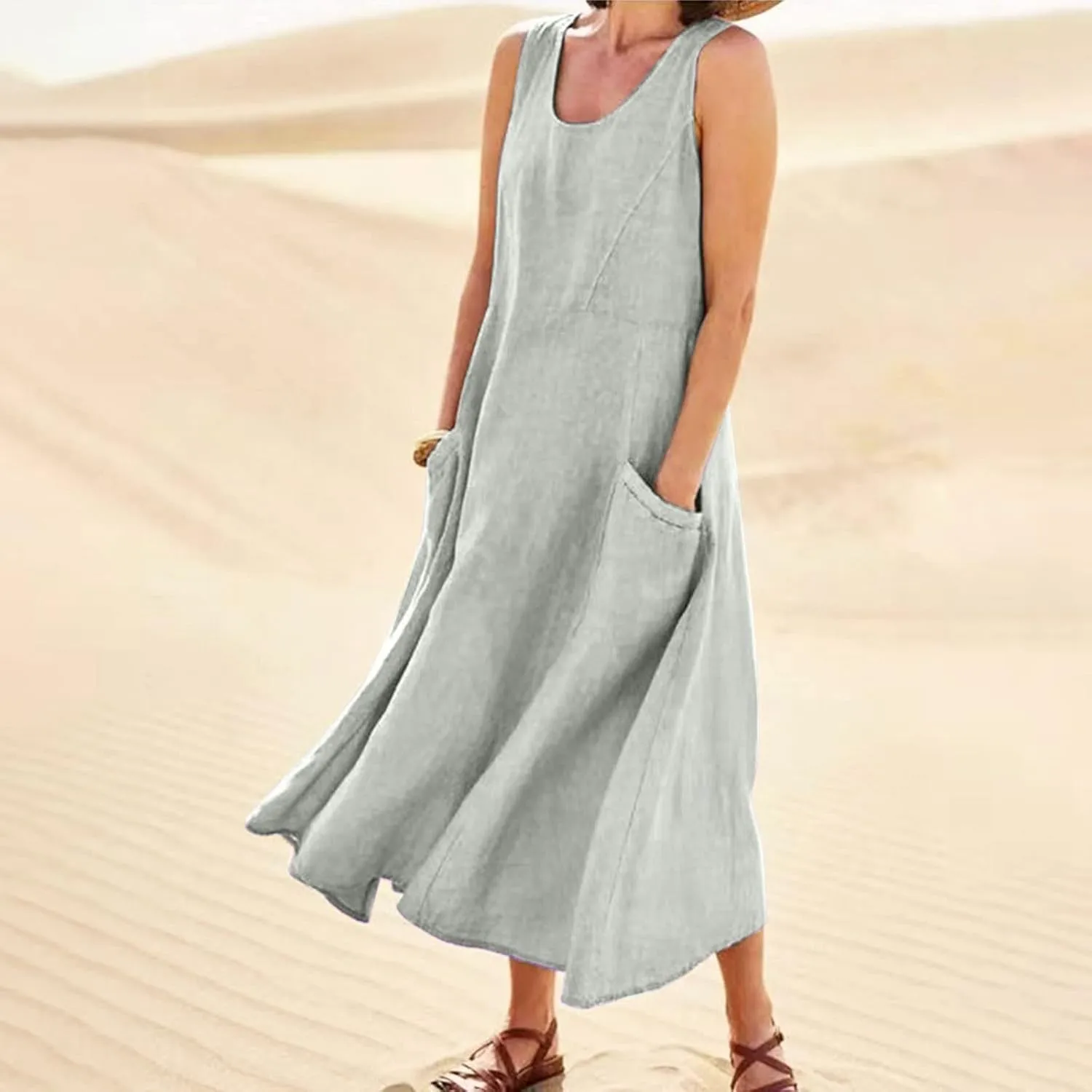Linen Dresses for Women 2025 Vacation Plus Size Sleeveless Floral Maxi Dress Boho Tropical Beach Sundress with Pocket