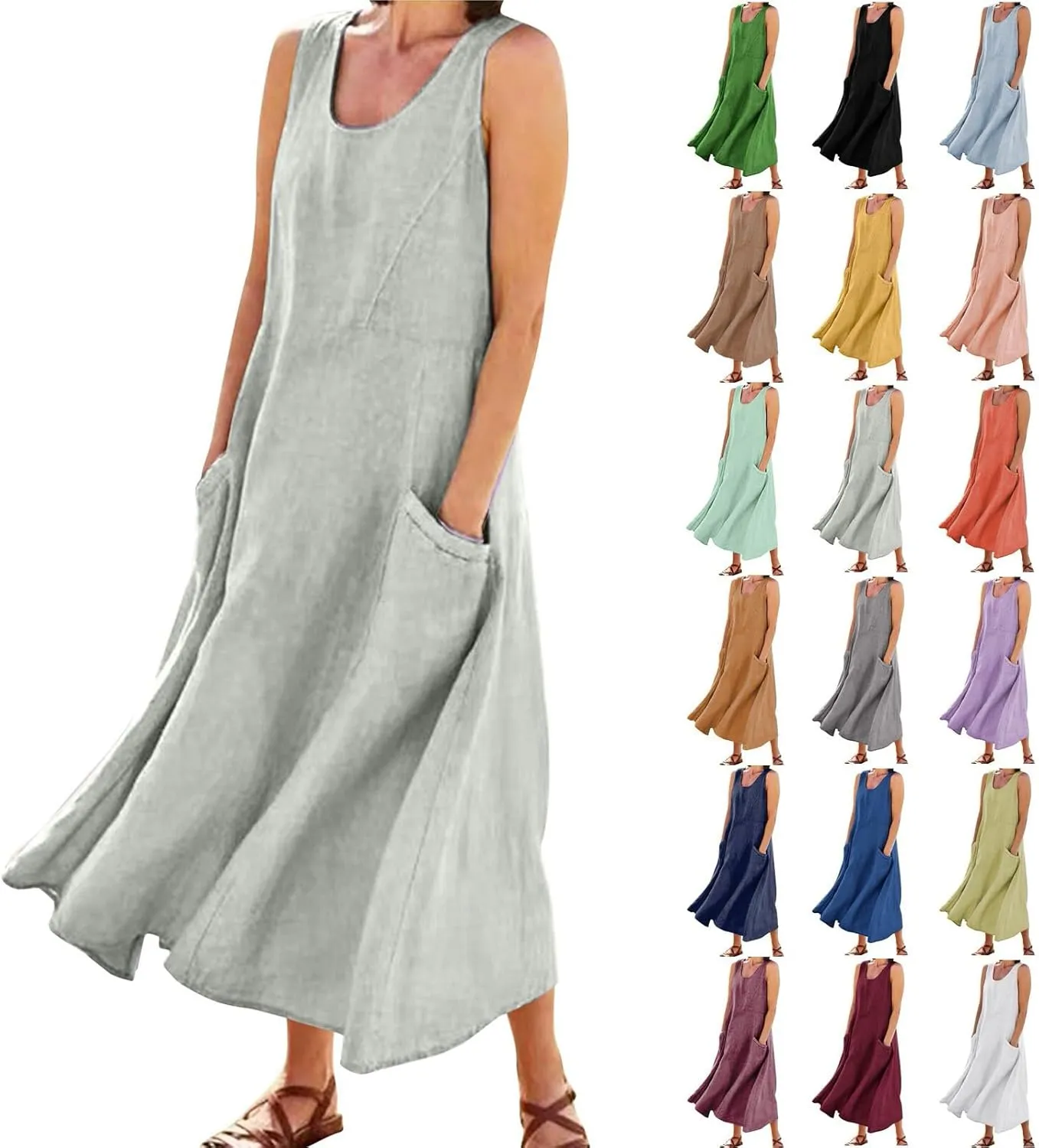 Linen Dresses for Women 2025 Vacation Plus Size Sleeveless Floral Maxi Dress Boho Tropical Beach Sundress with Pocket