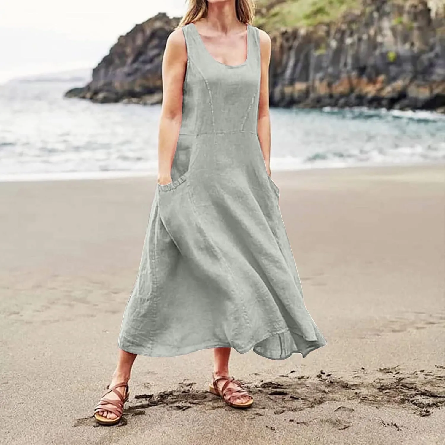 Linen Dresses for Women 2025 Vacation Plus Size Sleeveless Floral Maxi Dress Boho Tropical Beach Sundress with Pocket