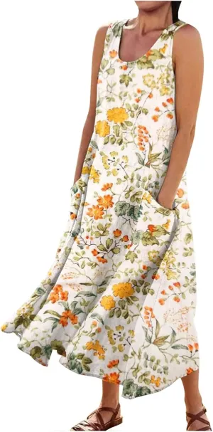 Linen Dresses for Women 2025 Vacation Plus Size Sleeveless Floral Maxi Dress Boho Tropical Beach Sundress with Pocket