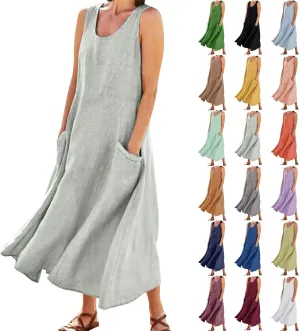 Linen Dresses for Women 2025 Vacation Plus Size Sleeveless Floral Maxi Dress Boho Tropical Beach Sundress with Pocket