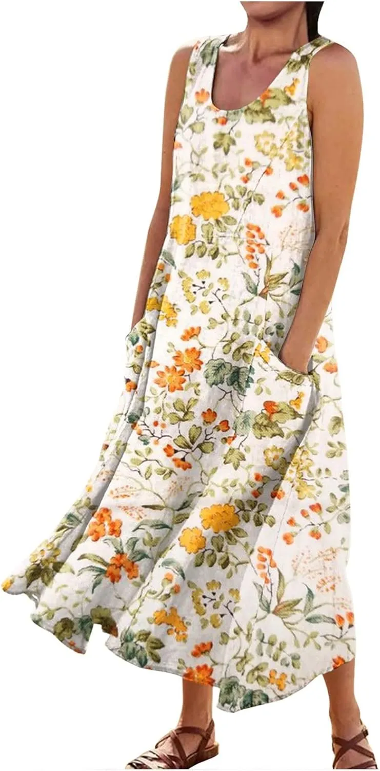 Linen Dresses for Women 2025 Vacation Plus Size Sleeveless Floral Maxi Dress Boho Tropical Beach Sundress with Pocket