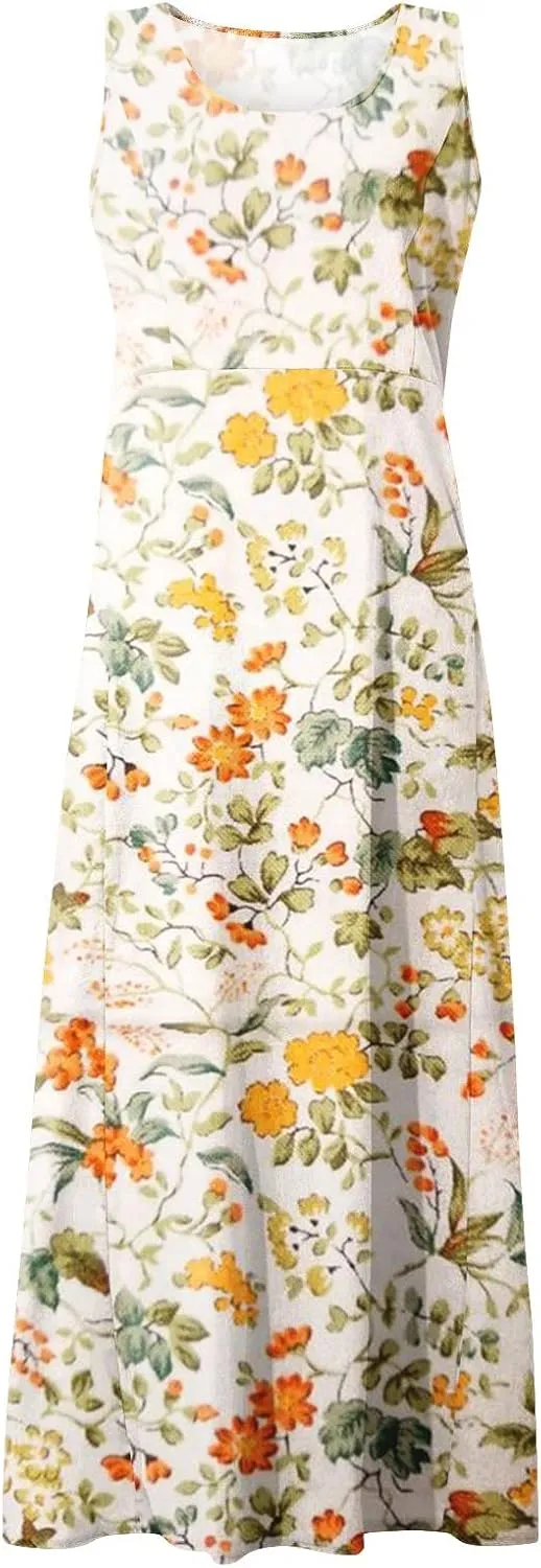 Linen Dresses for Women 2025 Vacation Plus Size Sleeveless Floral Maxi Dress Boho Tropical Beach Sundress with Pocket