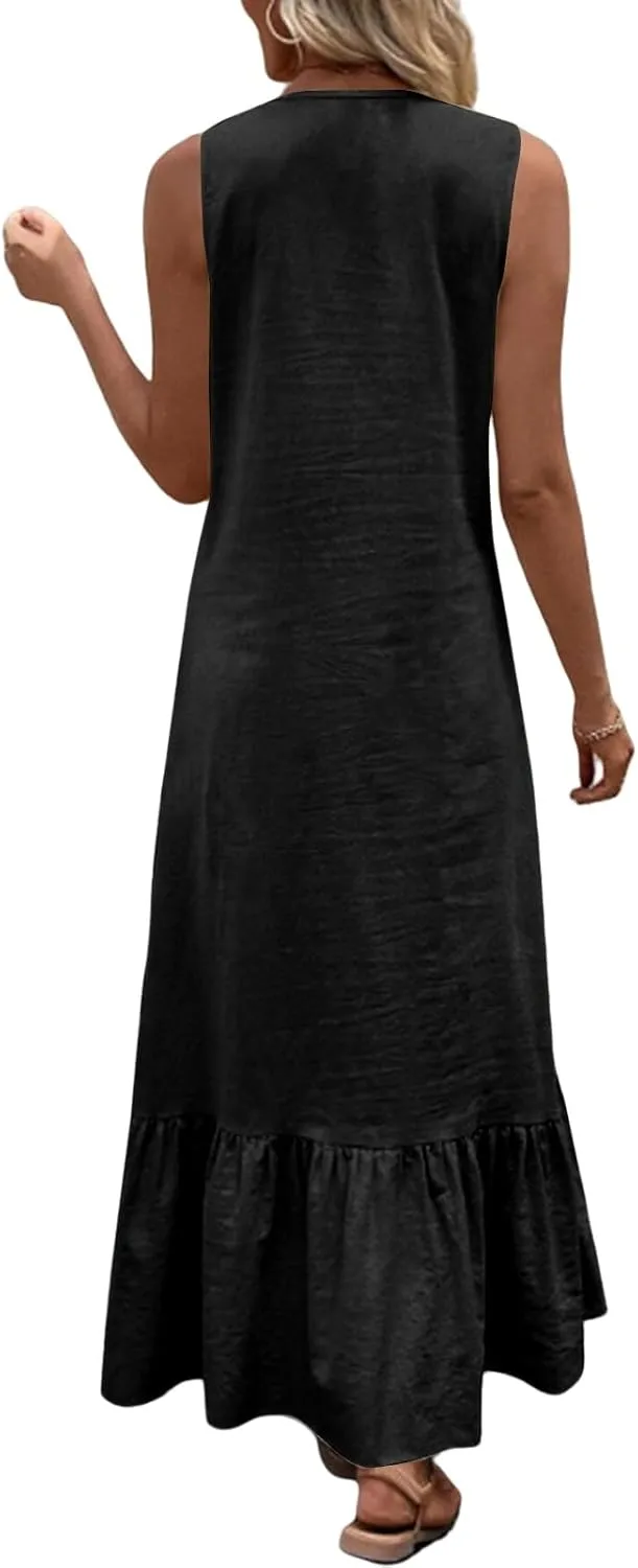 Linen Dresses for Women Summer Casual V Neck Sleeveless Dress Trendy Flowy Tiered Ruffle Vacation Beach Sundress