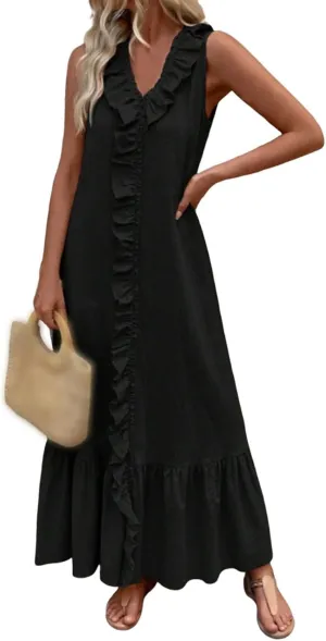 Linen Dresses for Women Summer Casual V Neck Sleeveless Dress Trendy Flowy Tiered Ruffle Vacation Beach Sundress