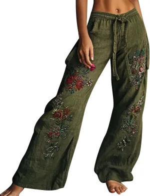 Linen Palazzo Pants for Women 2025 Summer Vintage Printed Wide Leg Casual High Waisted Flowy Lounge Boho Beach Trousers