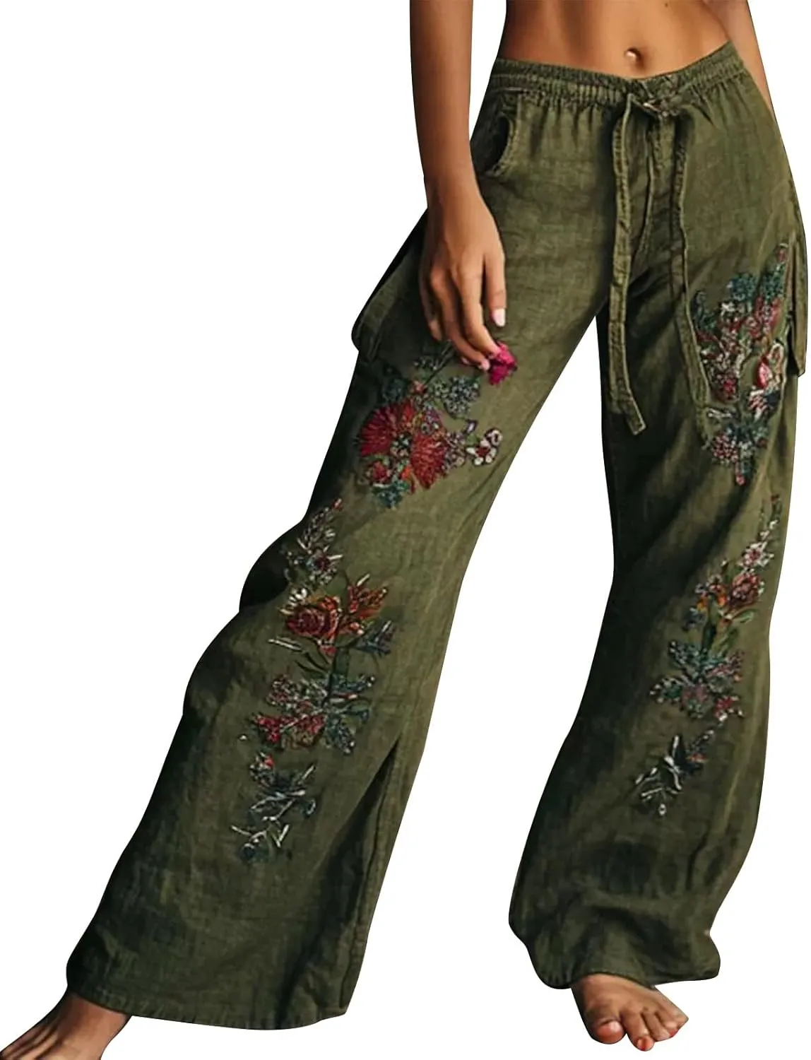 Linen Palazzo Pants for Women 2025 Summer Vintage Printed Wide Leg Casual High Waisted Flowy Lounge Boho Beach Trousers