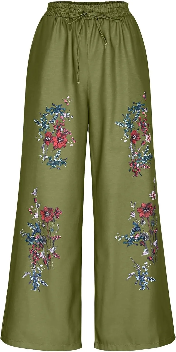Linen Palazzo Pants for Women 2025 Summer Vintage Printed Wide Leg Casual High Waisted Flowy Lounge Boho Beach Trousers
