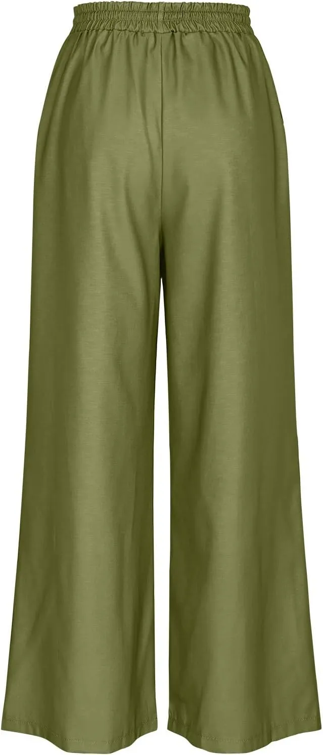 Linen Palazzo Pants for Women 2025 Summer Vintage Printed Wide Leg Casual High Waisted Flowy Lounge Boho Beach Trousers