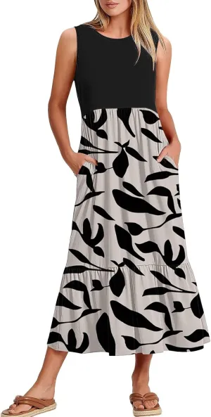 Long Floral Dresses for Women 2025 Beach Casual Elegant Spaghetti Strap Maxi Dress Patchwork Modest Flowy Boho Dress