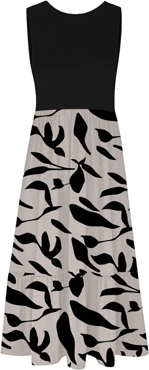 Long Floral Dresses for Women 2025 Beach Casual Elegant Spaghetti Strap Maxi Dress Patchwork Modest Flowy Boho Dress