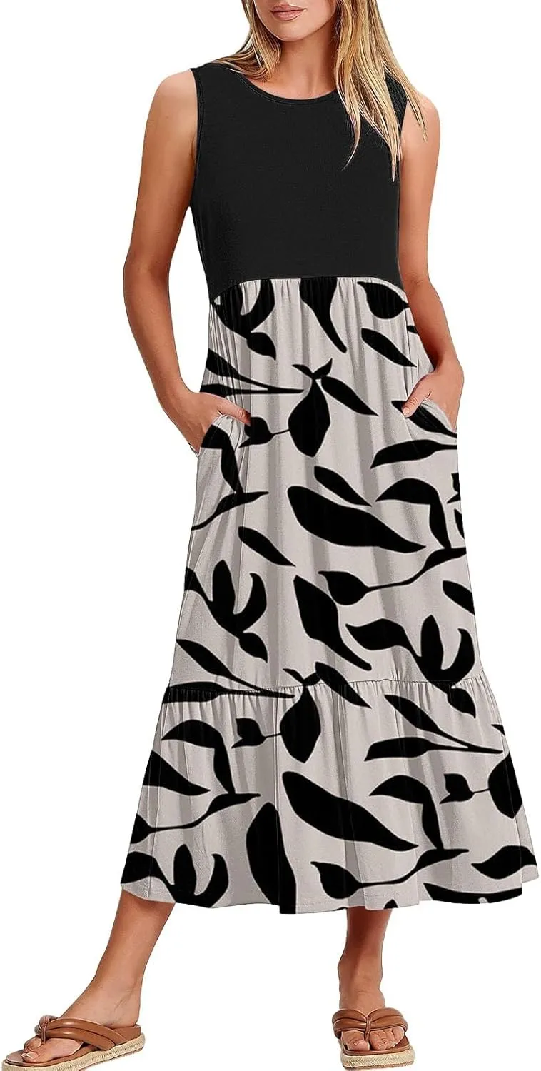 Long Floral Dresses for Women 2025 Beach Casual Elegant Spaghetti Strap Maxi Dress Patchwork Modest Flowy Boho Dress