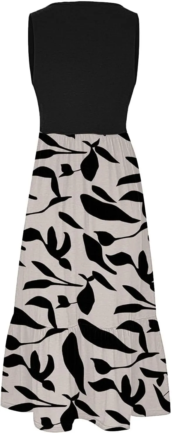 Long Floral Dresses for Women 2025 Beach Casual Elegant Spaghetti Strap Maxi Dress Patchwork Modest Flowy Boho Dress