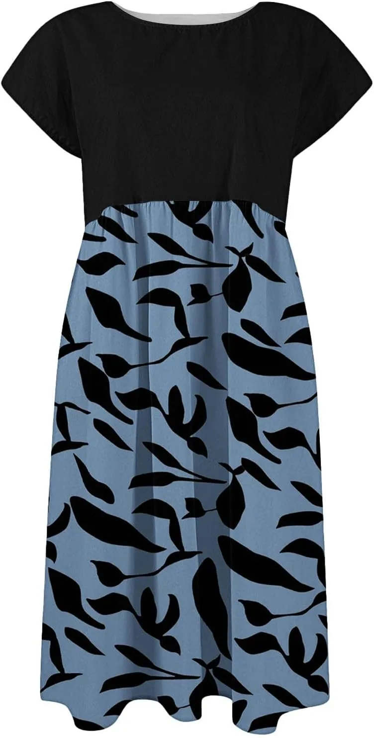 Long Floral Dresses for Women 2025 Elegant Short Sleeve Maxi Dress Patchwork Short Sleeve Modest Flowy A Line Dress