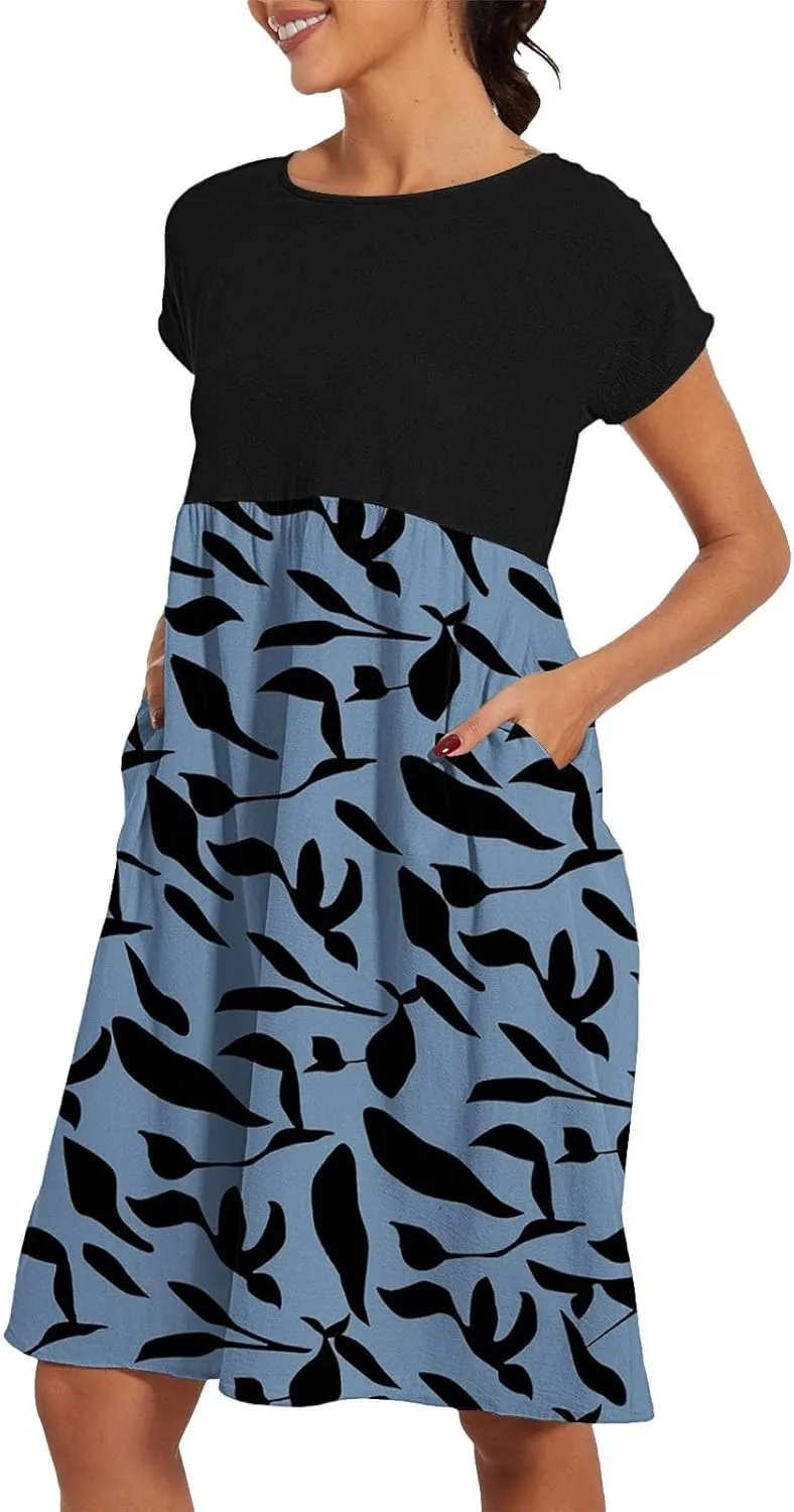 Long Floral Dresses for Women 2025 Elegant Short Sleeve Maxi Dress Patchwork Short Sleeve Modest Flowy A Line Dress