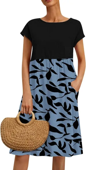 Long Floral Dresses for Women 2025 Elegant Short Sleeve Maxi Dress Patchwork Short Sleeve Modest Flowy A Line Dress