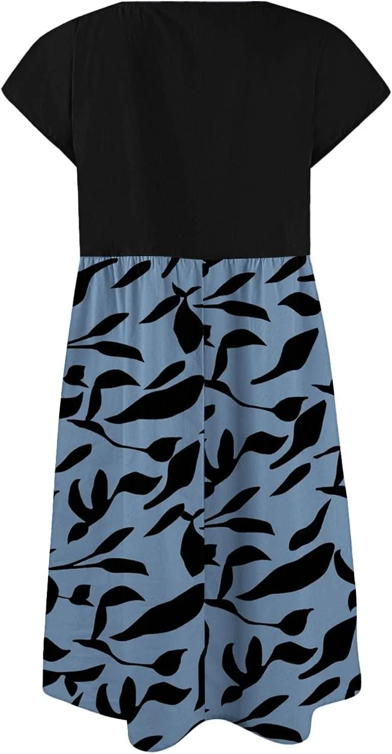 Long Floral Dresses for Women 2025 Elegant Short Sleeve Maxi Dress Patchwork Short Sleeve Modest Flowy A Line Dress
