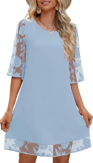 LookbookStore 3/4 Sleeve Dress for Women Shift Cute Summer Tunic Floral Lace Dresses