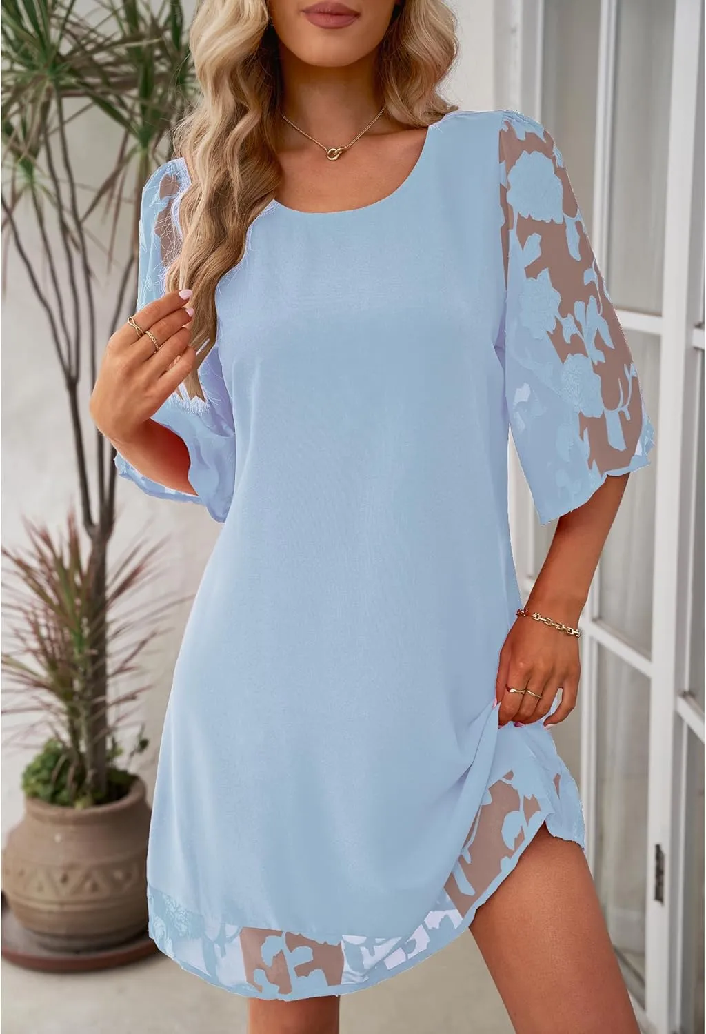 LookbookStore 3/4 Sleeve Dress for Women Shift Cute Summer Tunic Floral Lace Dresses