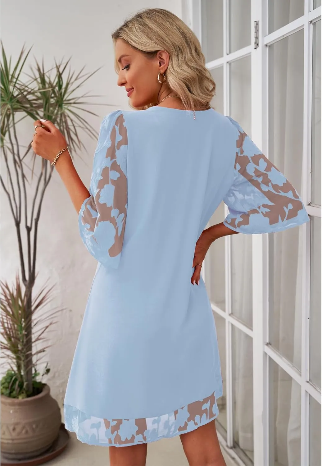 LookbookStore 3/4 Sleeve Dress for Women Shift Cute Summer Tunic Floral Lace Dresses