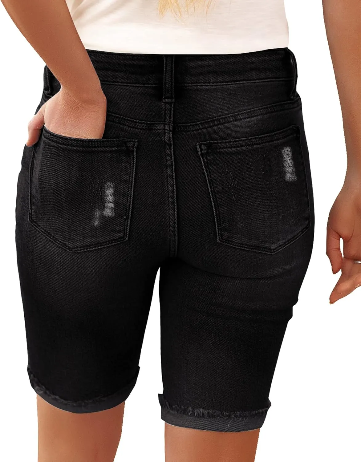 luvamia Women High Waisted Stretch Bermuda Shorts Ripped Rolled Hem Jean Shorts