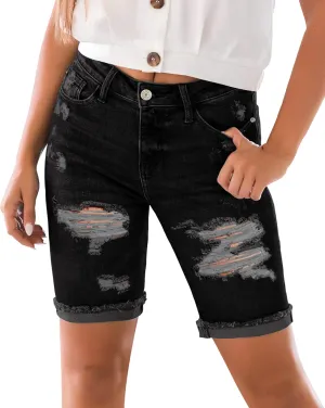 luvamia Women High Waisted Stretch Bermuda Shorts Ripped Rolled Hem Jean Shorts
