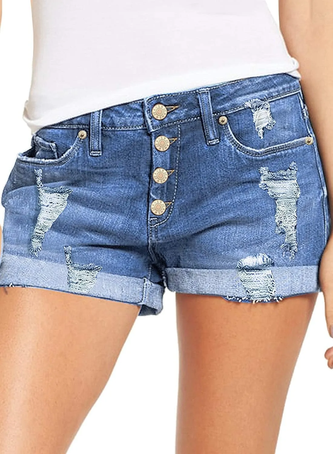 luvamia Women's Ripped Denim Jean Shorts High Waisted Stretchy Folded Hem Short Jeans