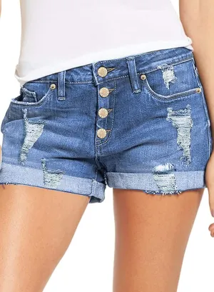 luvamia Women's Ripped Denim Jean Shorts High Waisted Stretchy Folded Hem Short Jeans